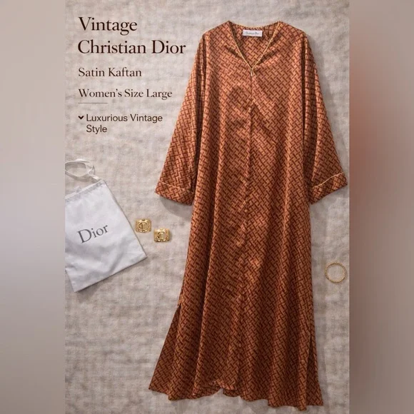Vintage 80’s Christian Dior Satin Kaftan Maxi Dress Luxury Designer Loungewear - Picture 1 of 7